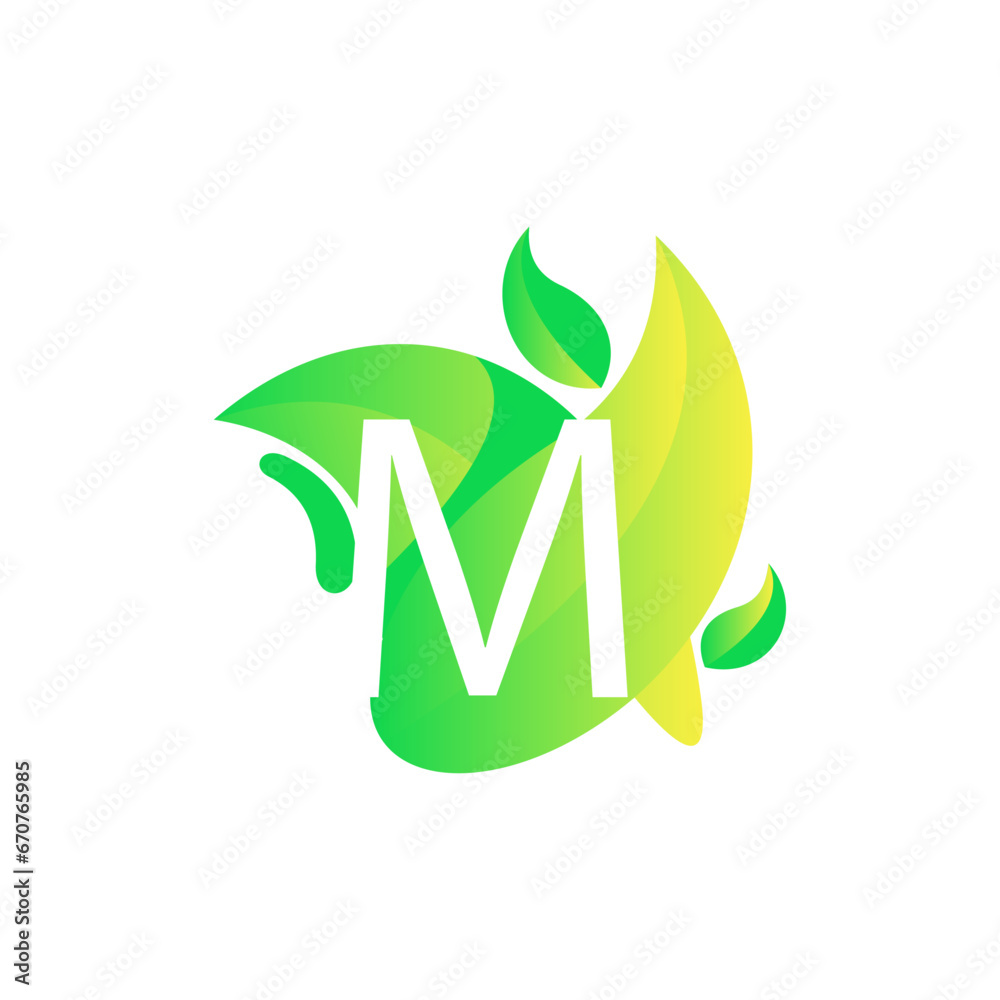 Letter M with fresh leaf gradient logo design vector Letter M with fresh leaf gradient logo design vector