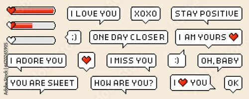 Pixel speech bubbles with worlds and phrases of love theme. Vector dialogue boxes with hearts. Chat speech or dialogue. 8-bit heart or love loading set.