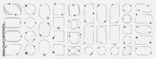 Frames collection with different stars. Minimalistic linear frames, arches, elements, geometric shapes and lines. Aesthetic frames for poster design, vector set in modern style.
