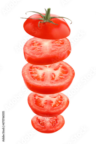 Cut red tomato isolated on white. Vertical order of slices