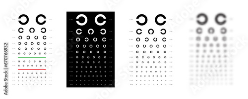 Set of Landolt C Eye Test Chart broken ring medical illustration. Japanese vision test line vector sketch style outline isolated on white, black background. Vision board optometrist test examination