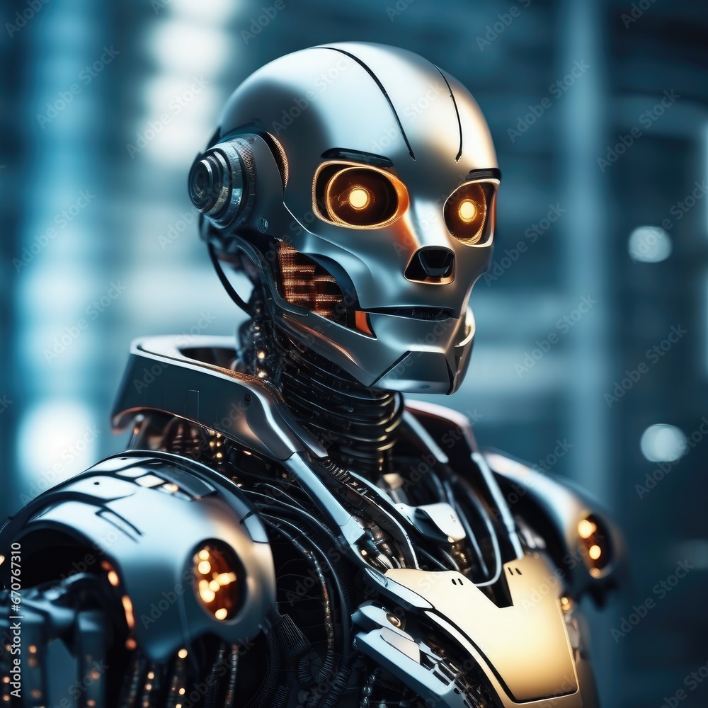 Fototapeta premium An android robot with a humanoid body, a technology for transferring human consciousness into a mechanical body.