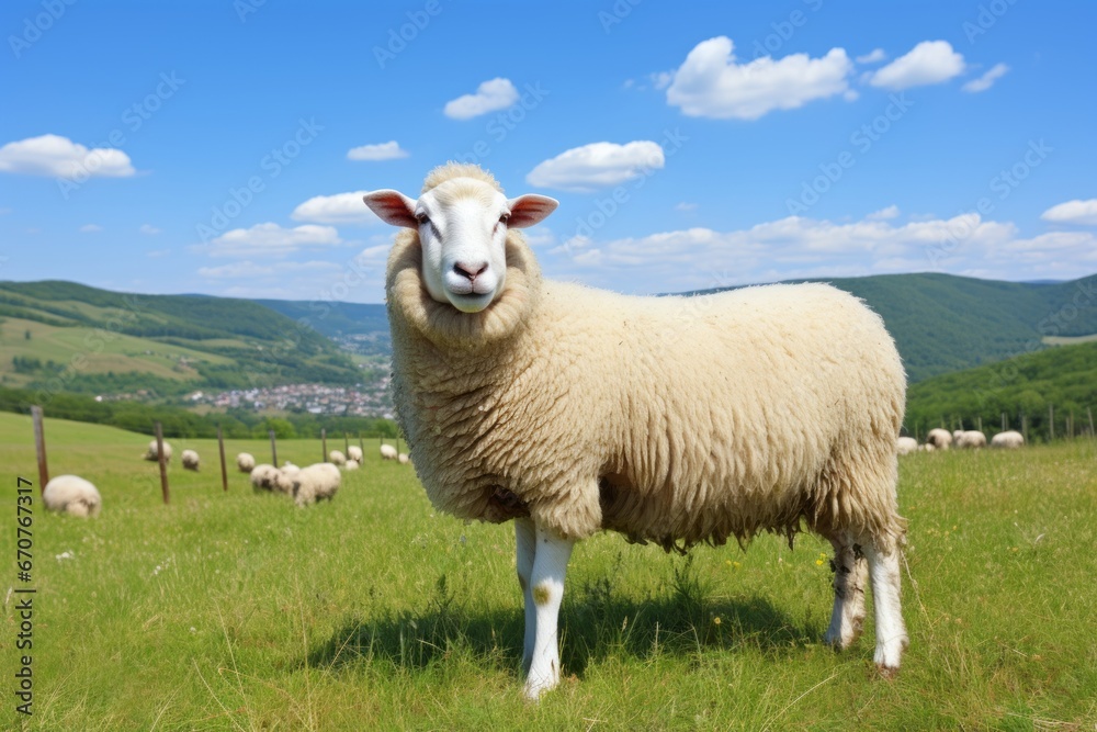 Picturesque View of Sheep Grazing on Sunlit Meadow under Clear Blue Sky with Fluffy Clouds