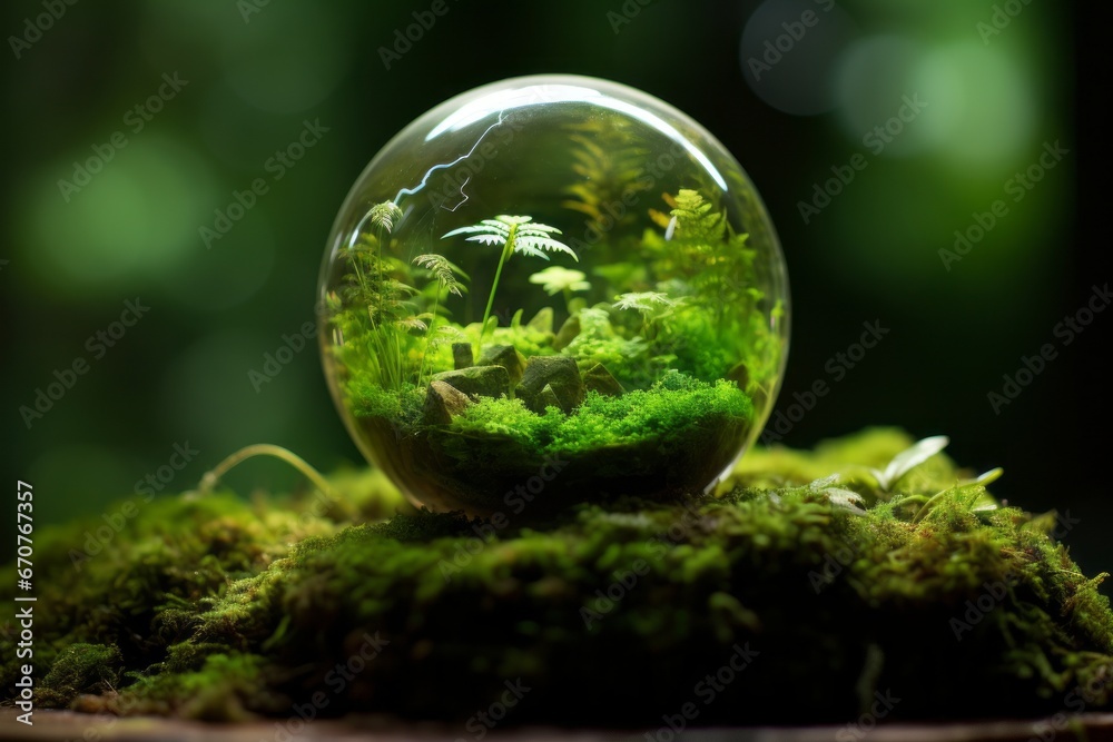 Sustainable Earth Day. Vibrant Green Globe Amidst Lush Forest with Moss and Radiant Sunlight