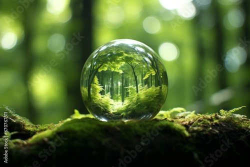 Earth Day Eco-Conscious. Green Globe Surrounded by Moss in a Tranquil Forest - Abstract Sunlight