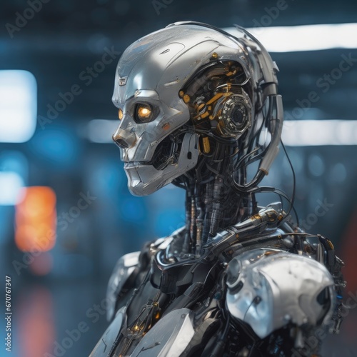An android robot with a humanoid body, a technology for transferring human consciousness into a mechanical body.