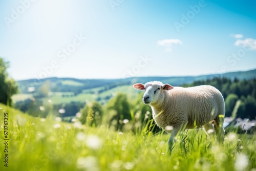 Scenic View. Sheep Gracefully Walking on a Lush Meadow amidst the Magnificent Summer Mountains