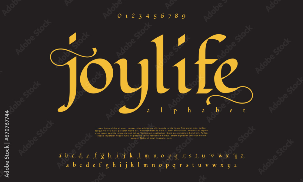 Joylife premium luxury elegant alphabet letters and numbers. Elegant wedding typography classic serif font decorative vintage retro. Creative vector illustration - obrazy, fototapety, plakaty 