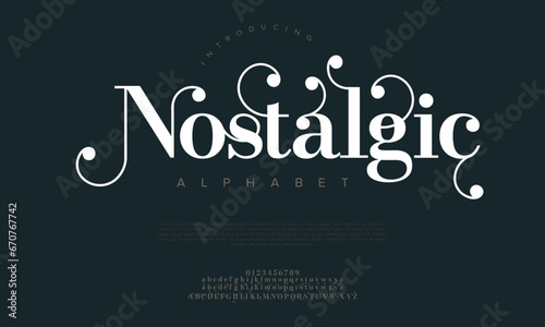 Nostalgic premium luxury elegant alphabet letters and numbers. Elegant wedding typography classic serif font decorative vintage retro. Creative vector illustration