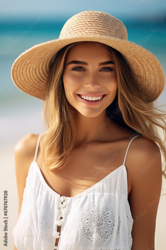 Happy traveller woman in white dress and sun hat standing on a beautiful tropical sandy beach