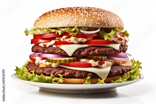 Juicy Double Hamburger. Grilled Beef Patties  Cheese  and Tasty Toppings on White Background