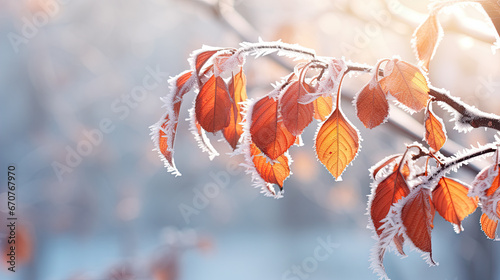 frozen branch with autumn leaves autumn winter background