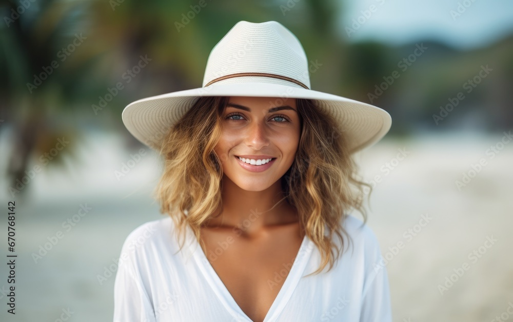 Happy traveller woman in white dress and sun hat standing on a beautiful tropical sandy beach
