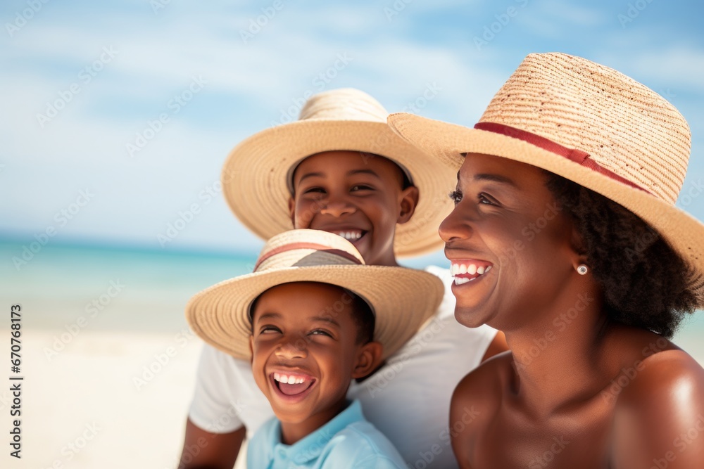 Happy African American Family in Straw Hats on the Beach of Paradise Islands, Travel Concept