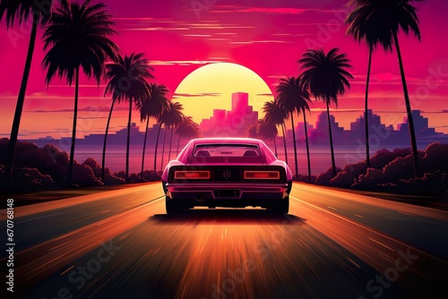 Retro wave 80s image of sports car in sunset © Ikhou