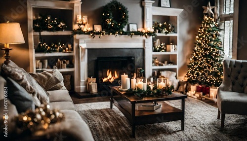 fireplace with Christmas decoration, A cozy living room with a beautifully decorated Christmas tree © sumera
