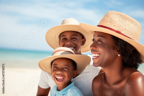 Happy African American Family in Straw Hats on the Beach of Paradise Islands, Travel Concept © Ilja