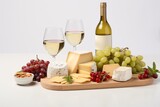 Gourmet Cheese Selection Plate with Fresh Grapes, White Wine Glasses, and Bottle on White Background