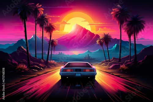 Retro wave 80s image of sports car in sunset © Ikhou