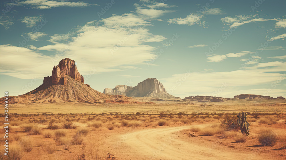 Mountain desert texas background landscape. Wild west western adventure explore inspirational vibe - obrazy, fototapety, plakaty 