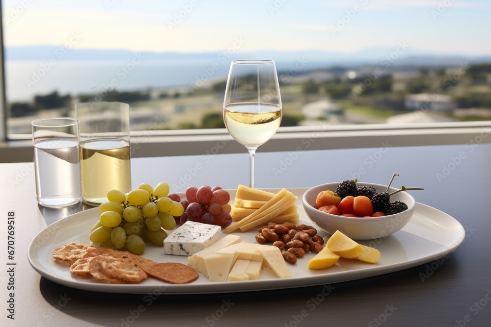 Gourmet Cheese Selection Plate with Grapes and White Wine Perfect Appetizer Near Sunlit Window