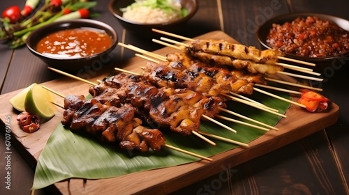 Satay , or sate in Indonesian spelling, is a Southeast Asian dish of seasoned, skewered and grilled meat, served with a sauce. The earliest preparations of satay is believed to have originated in Java photo