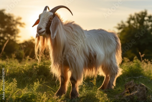 Tranquil Sunset Scene. Beautiful Old Goat Serenely Walking on a Light Meadow during a Summer Evening