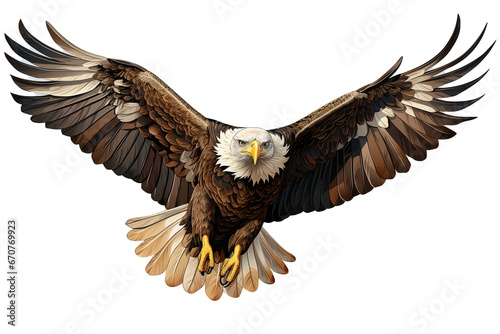 American Eagle is flying gracefully on white background. 