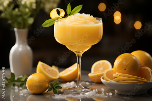 Bellini cocktail close-up with lemon. 