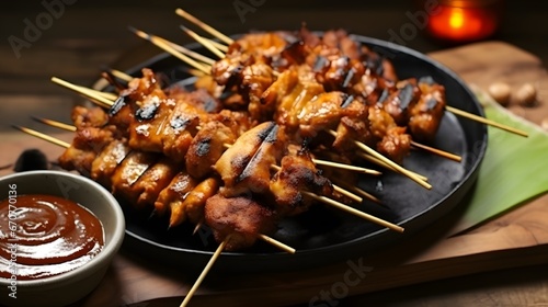 Satay ayam or sate ayam is Indonesian food and cuisine of seasoned, skewered and grilled chicken with palm stick served with peanut, soy and chili sauce.Serving on wooden table and brown food burner