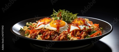 Bibimbap a traditional Korean dish served on a white plate with eggs against a black background in a vertical photo