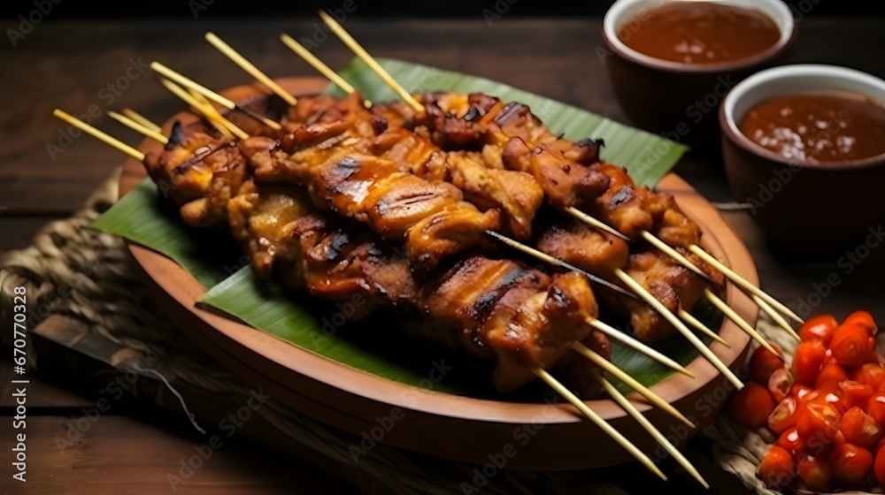 Satay ayam or sate ayam is Indonesian food and cuisine of seasoned, skewered and grilled chicken with palm stick served with peanut, soy and chili sauce.Serving on wooden table and brown food burner