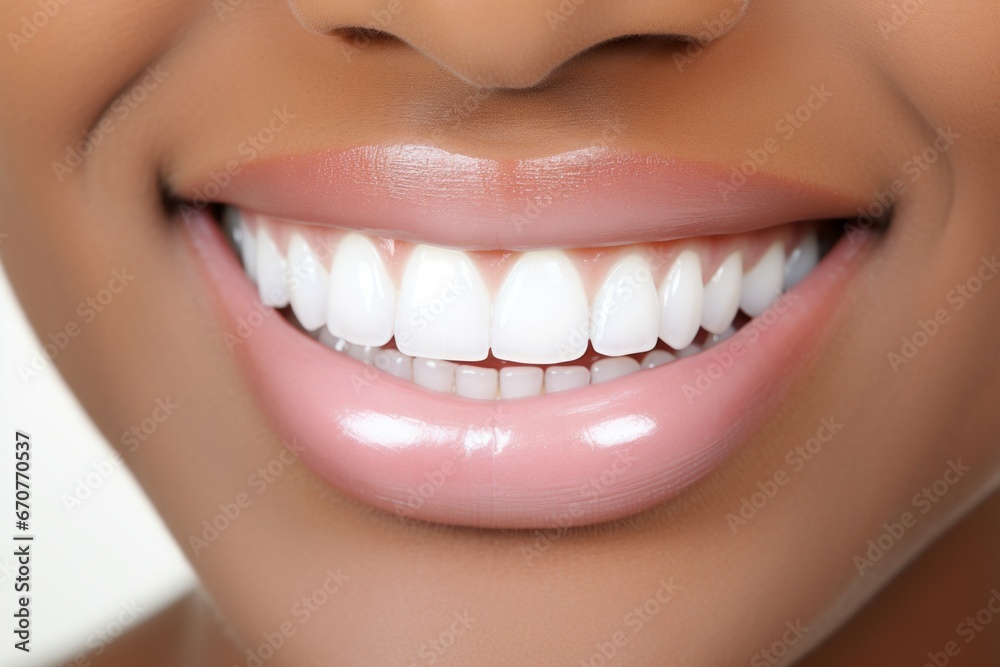 Flawless Bright Smile. Close-Up of African American Womans Perfect White Teeth After Dental Visit Flawless Bright Smile. Close-Up of African American Womans Perfect White Teeth After Dental Visit