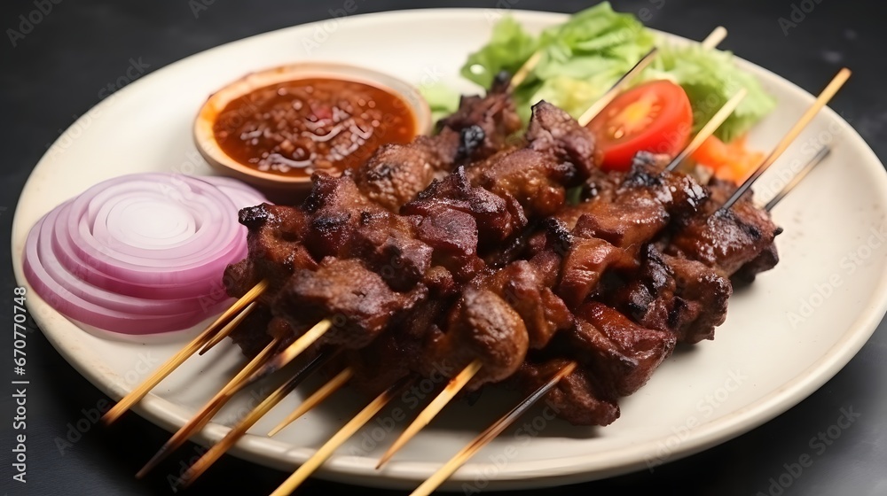 Satay or Sate Kambing, meat satay served with slice , ​​red onion, ​​chili, ​​tomatoes with soy sauce on plate. Selective focus image