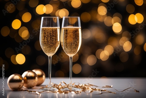 Champagne Celebration. White Table with Two Glasses, Christmas Decor, Dark Background Blurred Lights