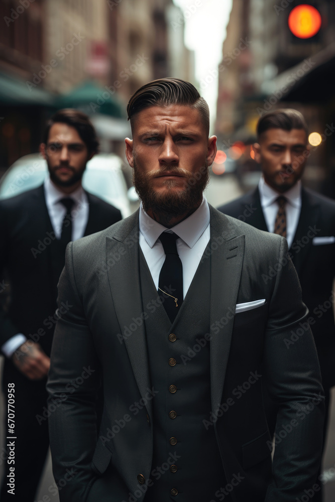 Handsome tattooed gangster man, with a beard in a luxurious suit, standing with a group of brothers Handsome tattooed gangster man, with a beard in a luxurious suit, standing with a group of brothers