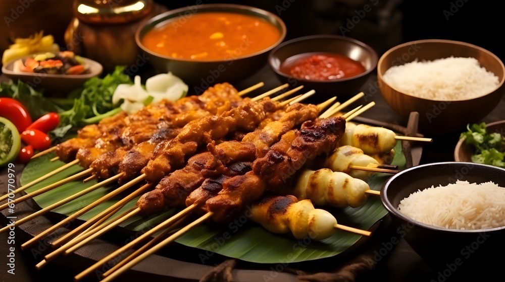 Sate Ayam Blora. Chicken satays from Blora regency in Central Java. Served with peanut sauce, rice or rice cake, yellow curry soup, and assorted condiments.