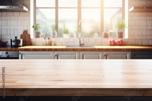 Wooden Table with Modern Kitchen Interior and Window Background for Product Display