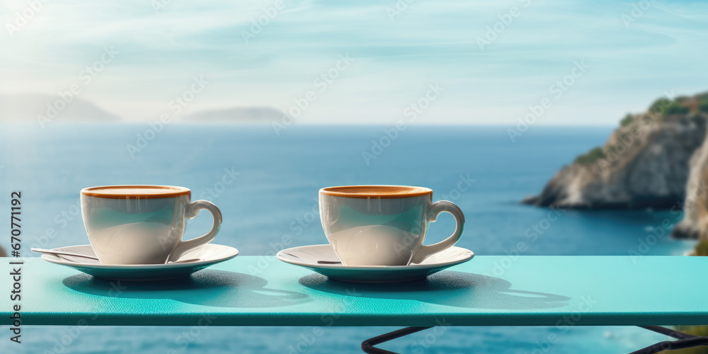 Relaxing holiday with a Coffee cup and saucer on coastal wall overlooking turquoise