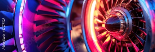 Banner of advanced engineering on jet engine turbines lit with orange lights