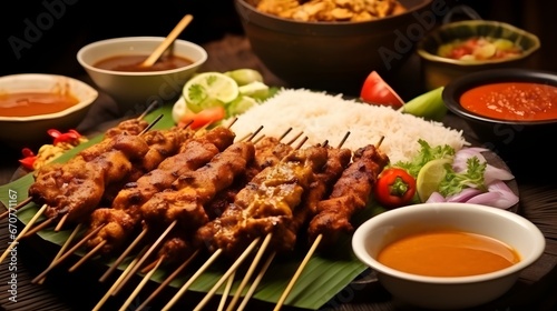 Sate Ayam Blora. Chicken satays from Blora regency in Central Java. Served with peanut sauce, rice or rice cake, yellow curry soup, and assorted condiments.