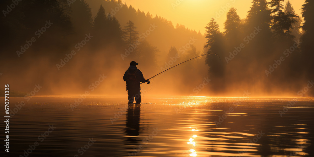 Silhouette of a fisherman, fly fishing misty sunset in the background