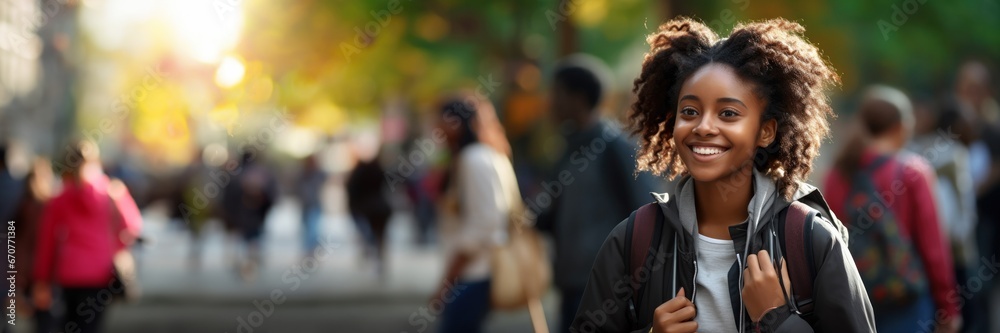 Fototapeta premium Banner of young black student, smiling walking into university