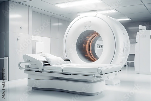 A Modern Hospital Room with State-of-the-Art Equipment. High-tech modern CT scan room in the modern hospital