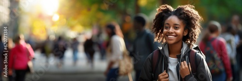 Banner of young black student, smiling walking into university photo