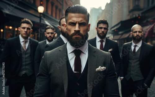 Fotografie, Tablou Handsome tattooed gangster man, with a beard in a luxurious suit, standing with