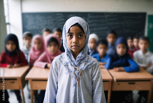 Elementary school student stands in front of the class with fellow pupils in the background. Portrait of an islamic girl with classmates in the background photo