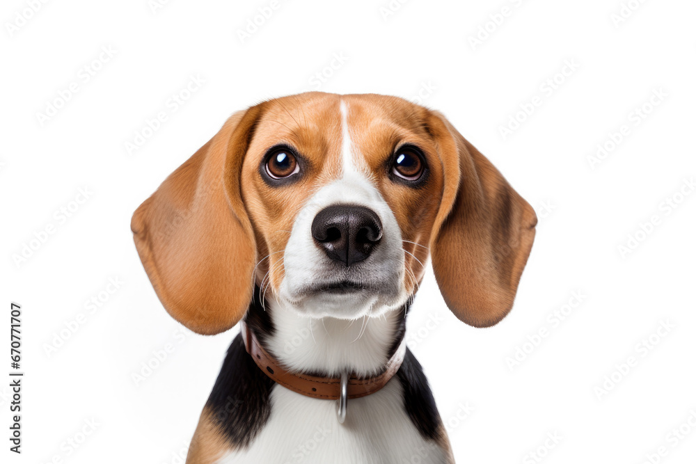 Close-up of a cute young beagle dogs face with white background