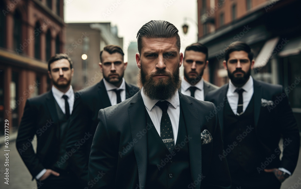 Handsome tattooed gangster man, with a beard in a luxurious suit, standing with a group of brothers Handsome tattooed gangster man, with a beard in a luxurious suit, standing with a group of brothers