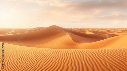Panorama banner of sand dunes Sahara Desert at sunset. Endless dunes of yellow sand. Desert landscape Waves sand nature